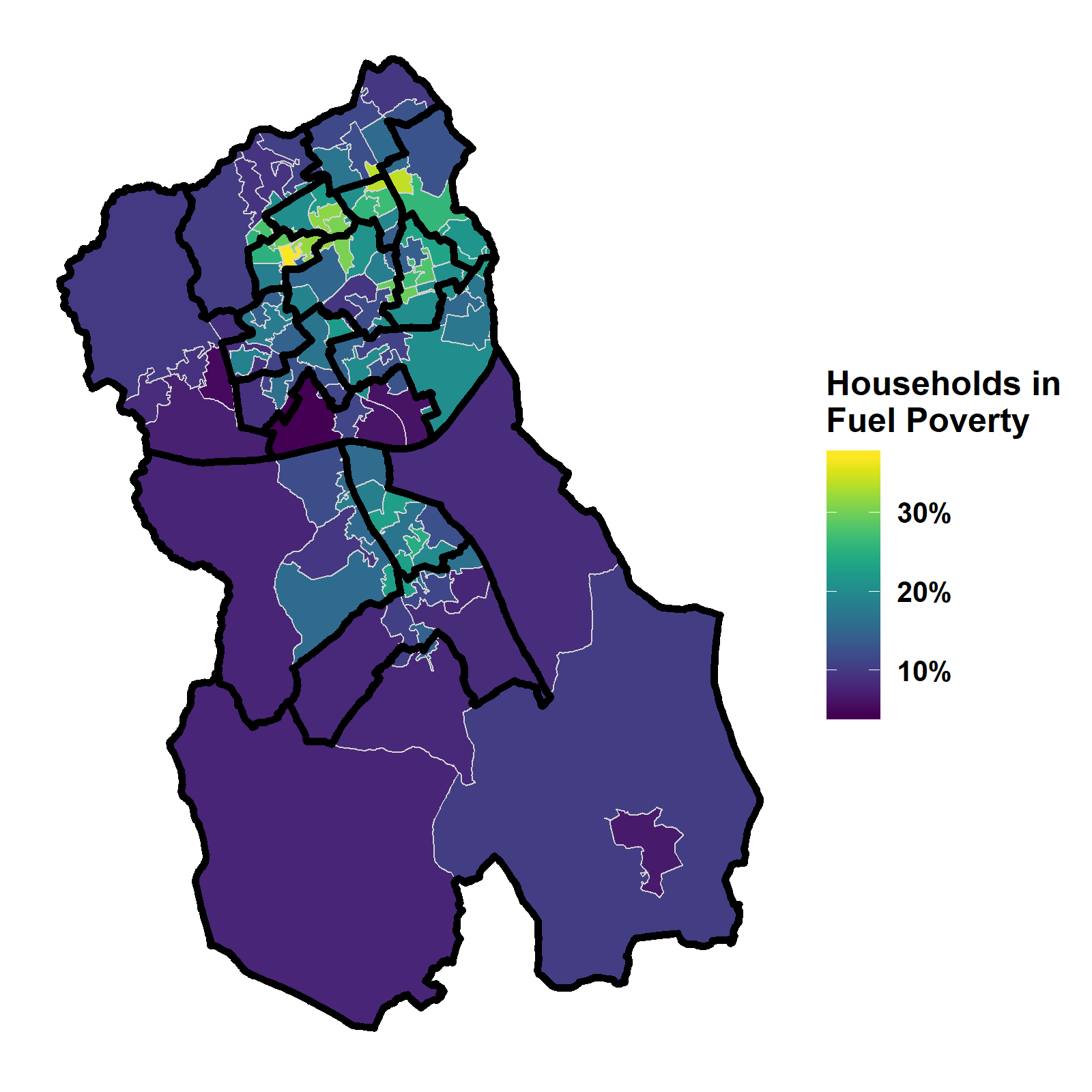 Households in Fuel Poverty, 2017 (modelled estimates)Lower Super Output Areas overlaid with wards, Source BEIS
