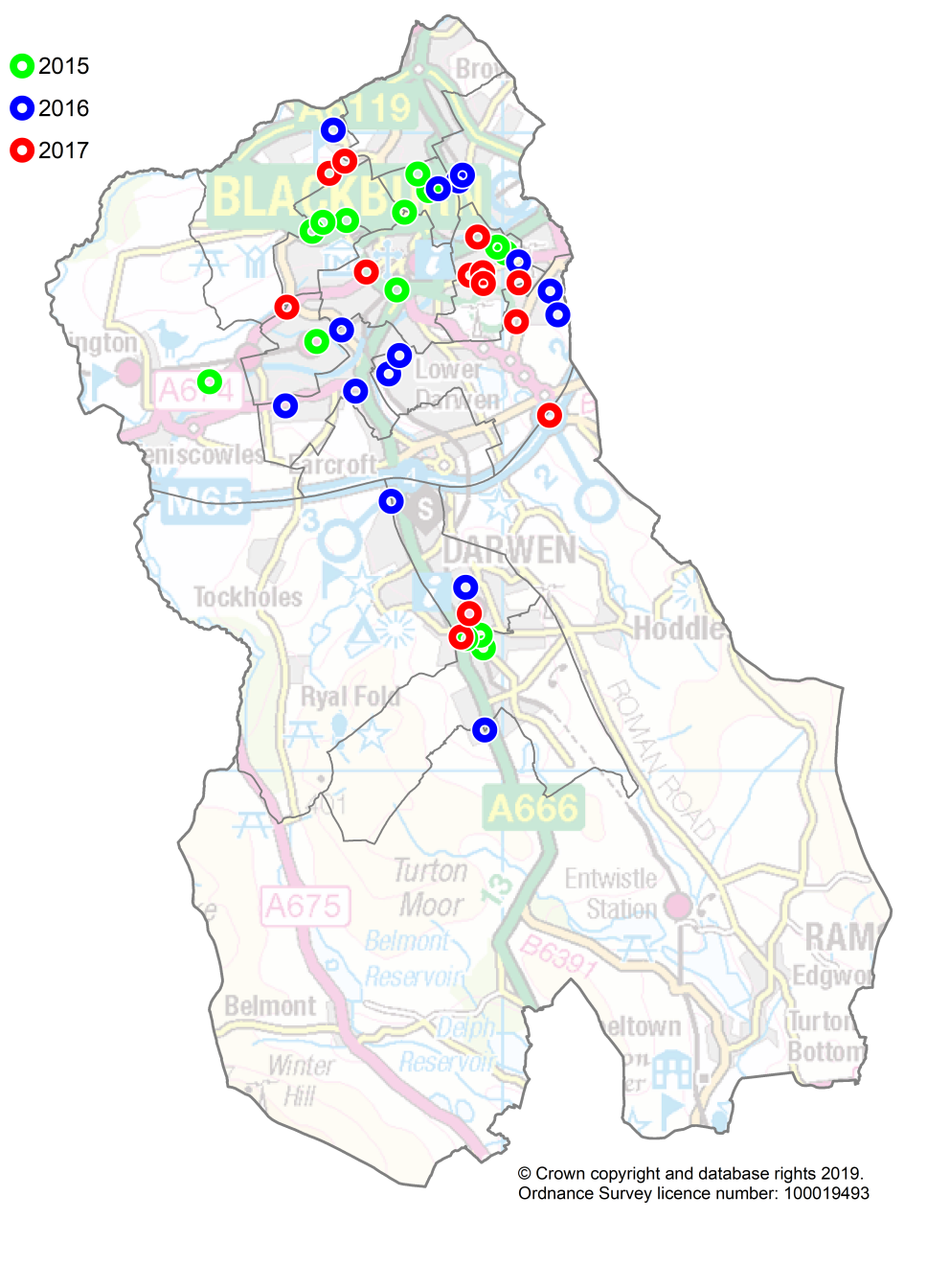 Children (0-15) Killed or Seriously Injured (KSI)in Blackburn with Darwen 2015-17(showing ward boundaries)